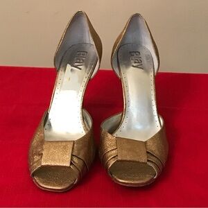 BLay Gold Metallic Leather Open Toe Pumps